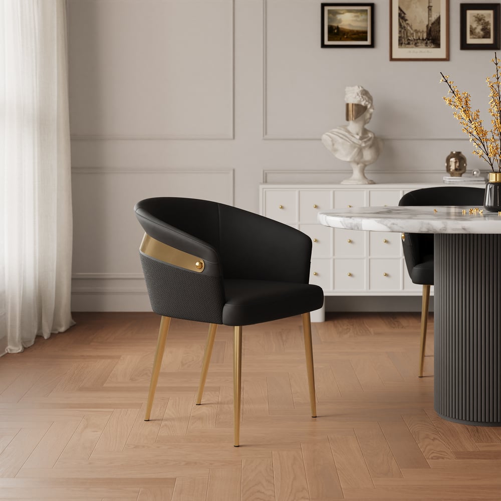 Modern Black PU Leather Dining Chair Curved Back with Gold Legs window image