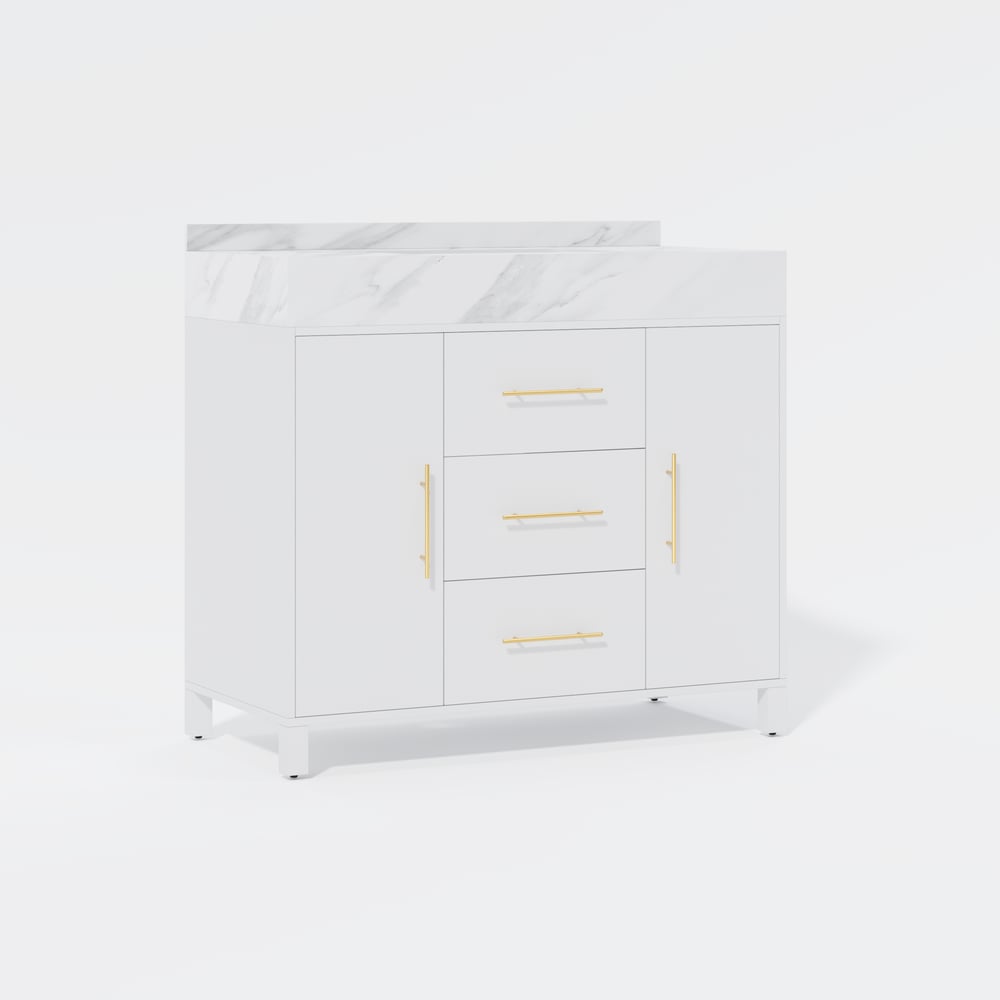 1000mm Freestanding White Bathroom Vanity, Sintered Stone Countertop & Gold Handles window image