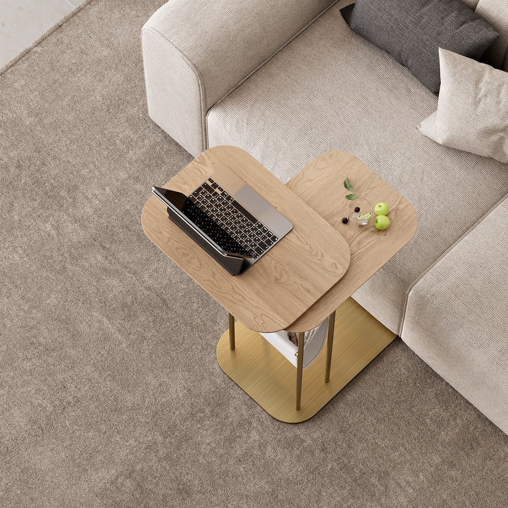 Table d'appoint rotative naturelle et dorée en forme de C avec rangement image de fenêtre