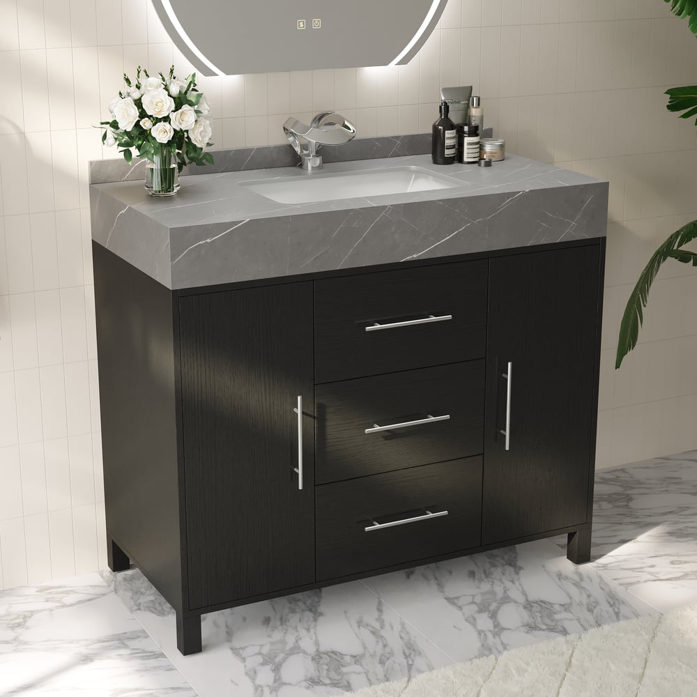 1000mm Freestanding Black Bathroom Vanity, Sintered Stone Countertop & Silver Handles window image
