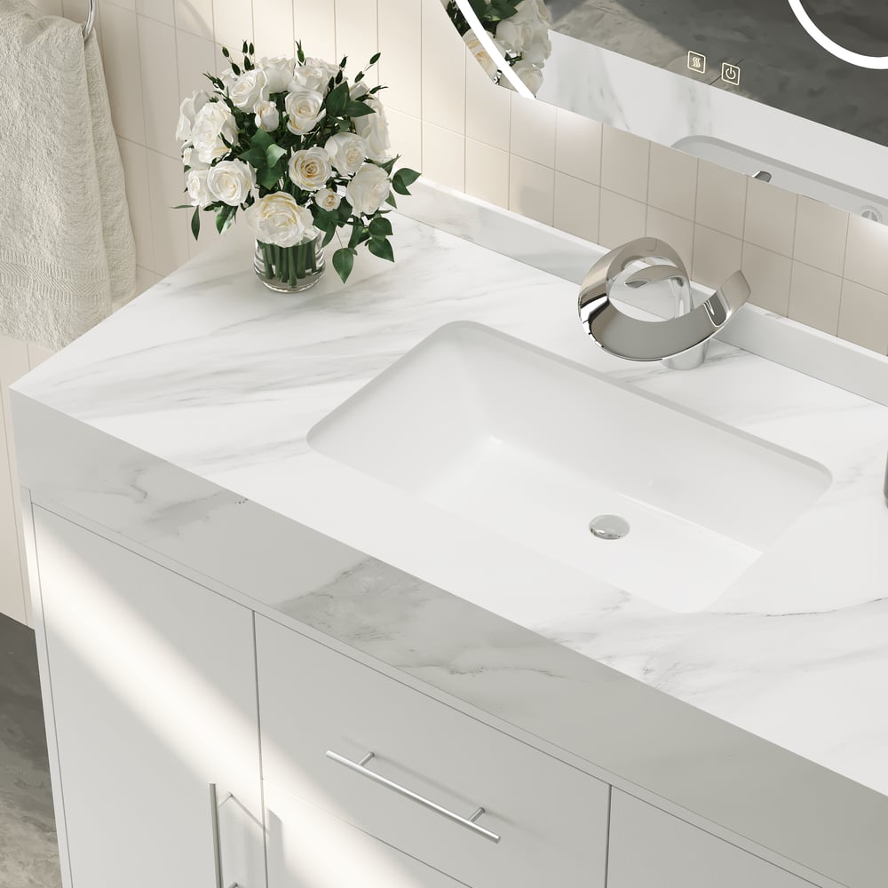 1000mm Freestanding White Bathroom Vanity, Sintered Stone Countertop & Silver Handles window image