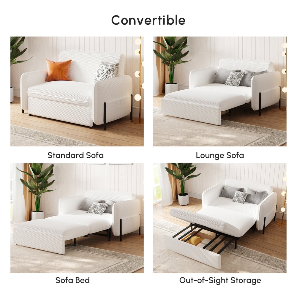 54" Full 2-Seater White Corduroy Convertible Sleeper Sofa window image