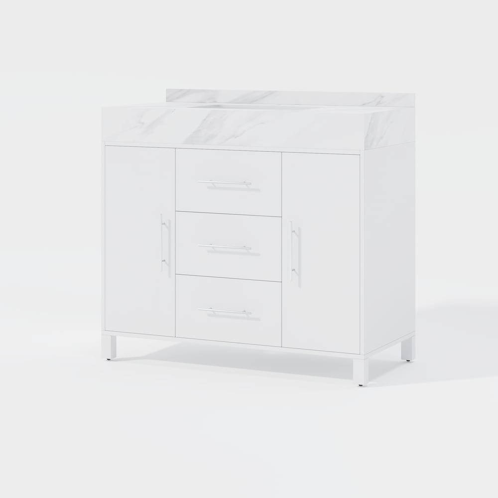 1000mm Freestanding White Bathroom Vanity, Sintered Stone Countertop & Silver Handles window image