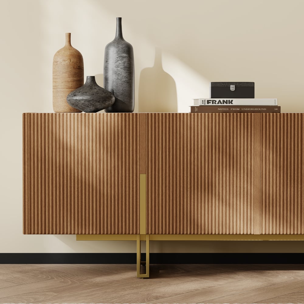 Supporto TV Grovyn con piano scanalato in pietra sinterizzata, 1500 mm, con portaoggetti Immagine della finestra