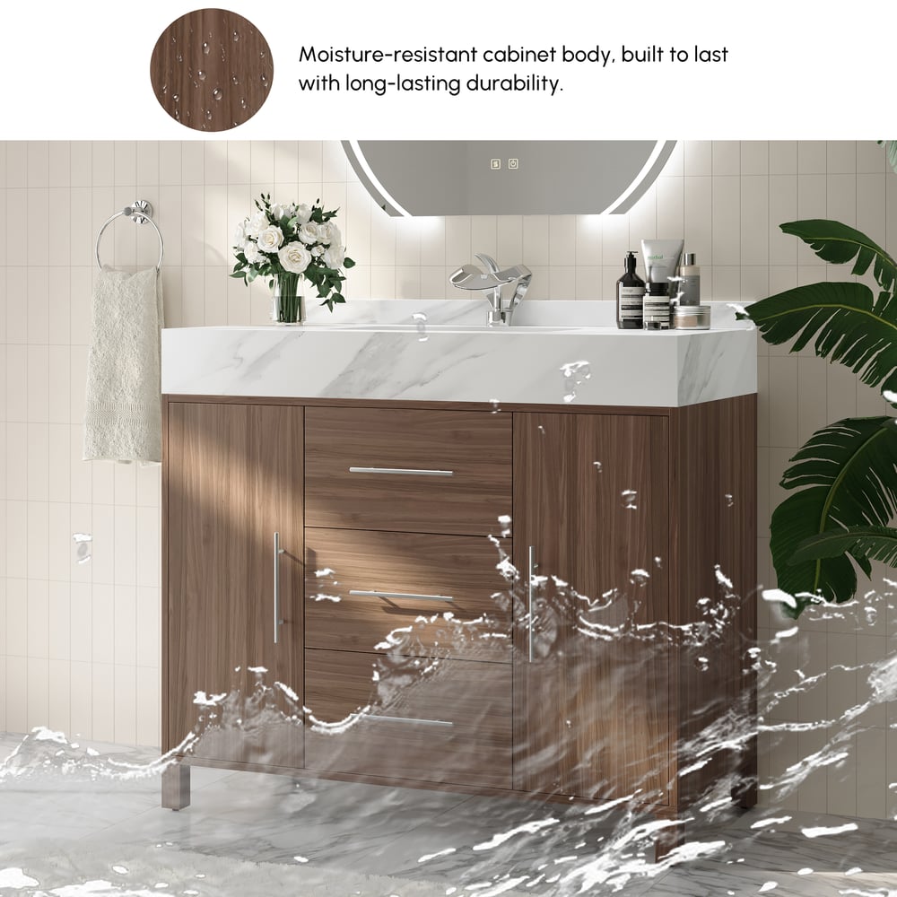 1000mm Walnut Freestanding Bathroom Vanity Sintered Stone Top & Silver Handles window image