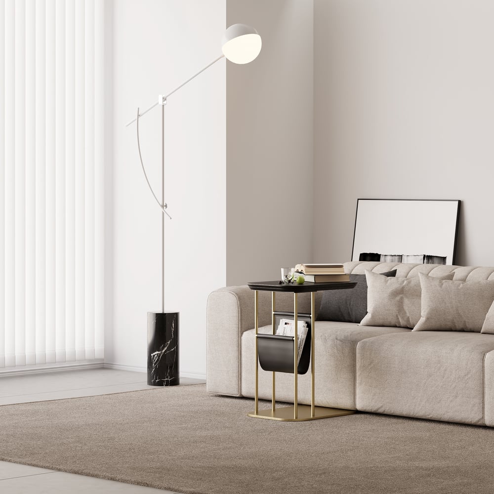 C-Shaped Black & Gold Rotating Side Table with Storage window image