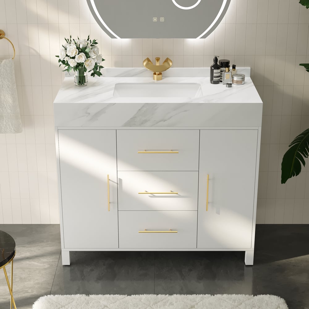 1000mm Freestanding White Bathroom Vanity, Sintered Stone Countertop & Gold Handles window image