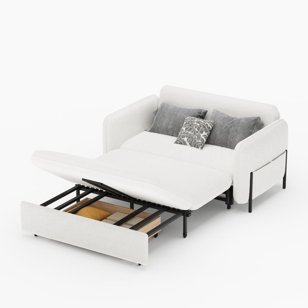 1360mm Full Sleeper Sofa White Boucle Upholstered Convertible Sofa window image
