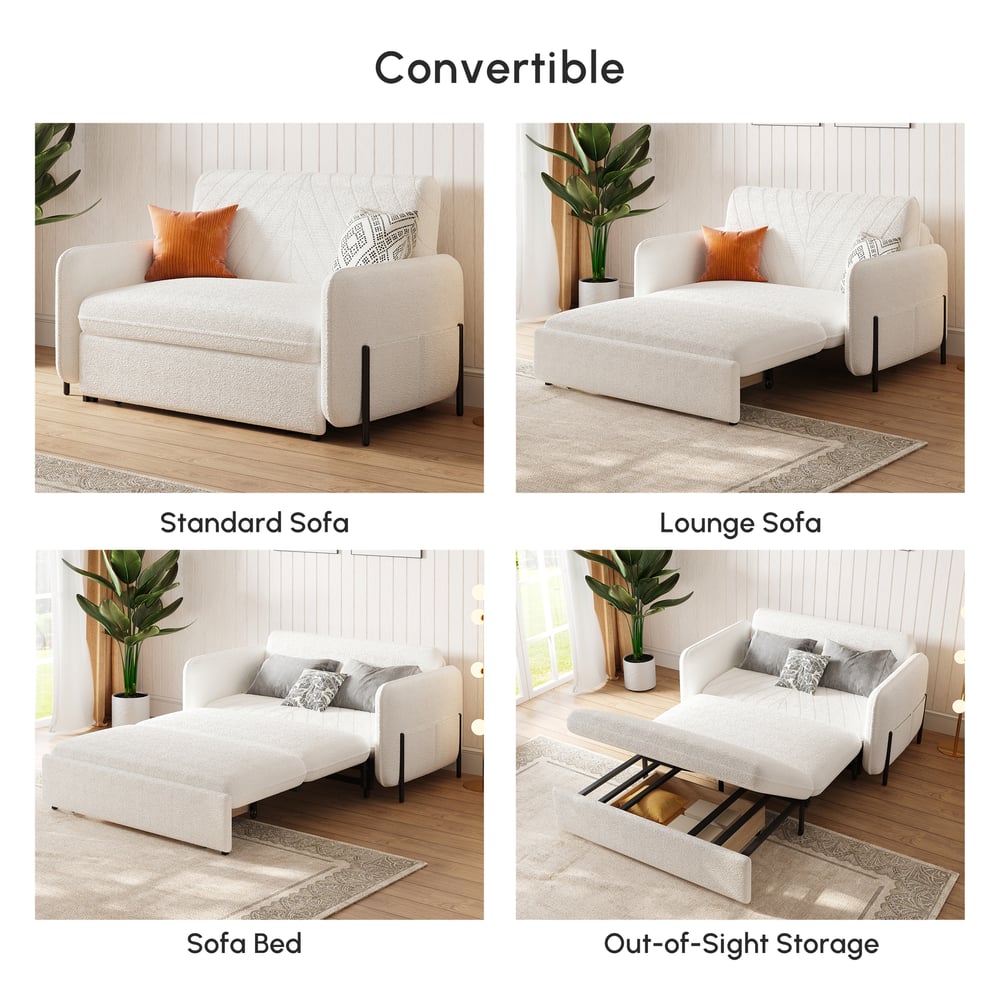 1360mm Full Sleeper Sofa White Boucle Upholstered Convertible Sofa window image