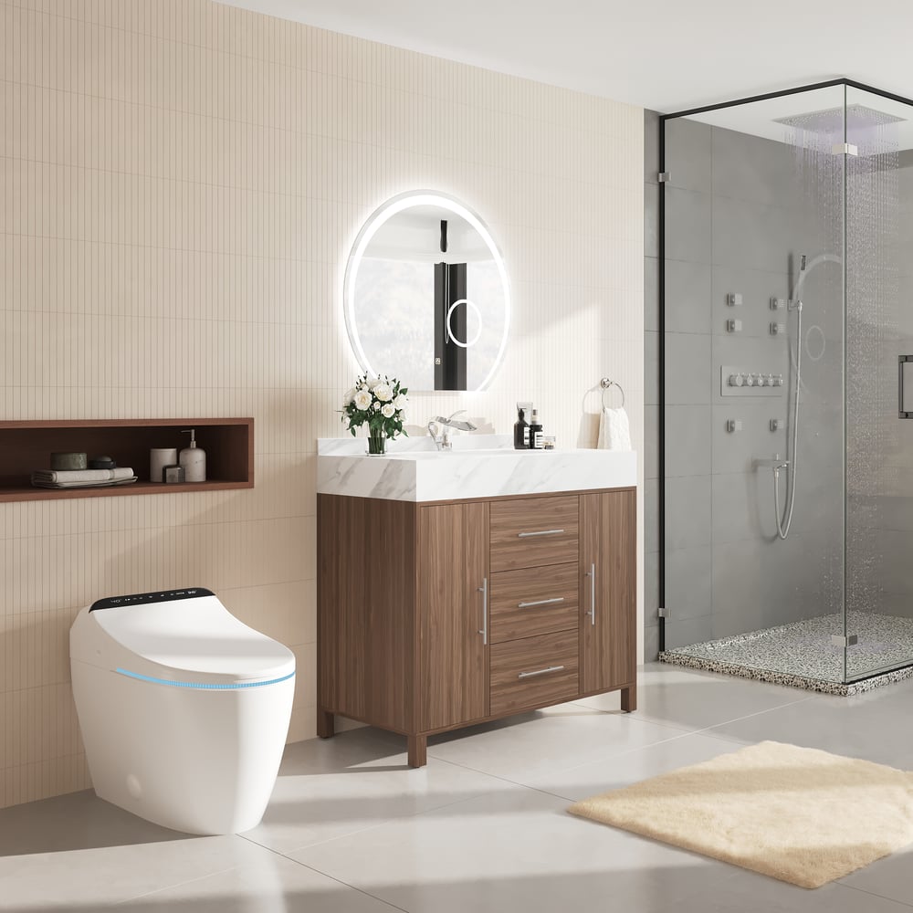 1000mm Walnut Freestanding Bathroom Vanity Sintered Stone Top & Silver Handles window image