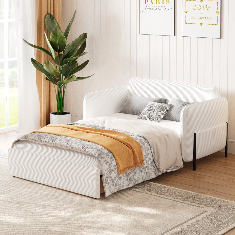 54" Full 2-Seater White Corduroy Convertible Sleeper Sofa window image