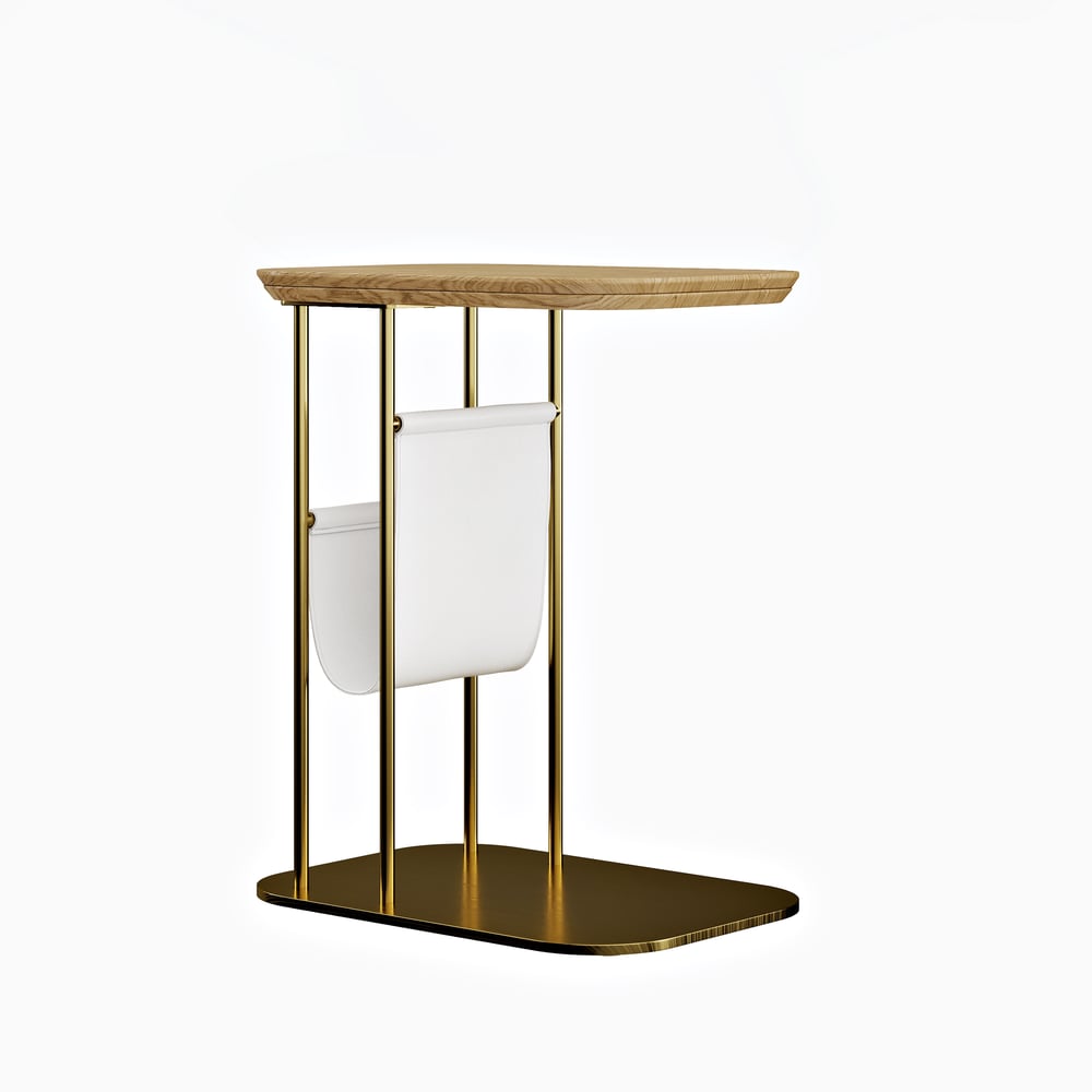 Table d'appoint rotative naturelle et dorée en forme de C avec rangement image de fenêtre