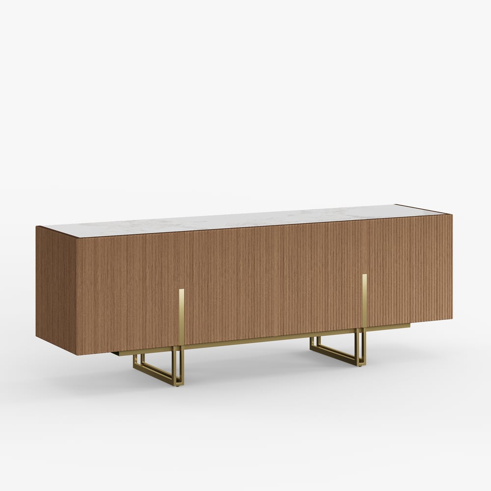 Supporto TV Grovyn con piano scanalato in pietra sinterizzata, 1500 mm, con portaoggetti Immagine della finestra