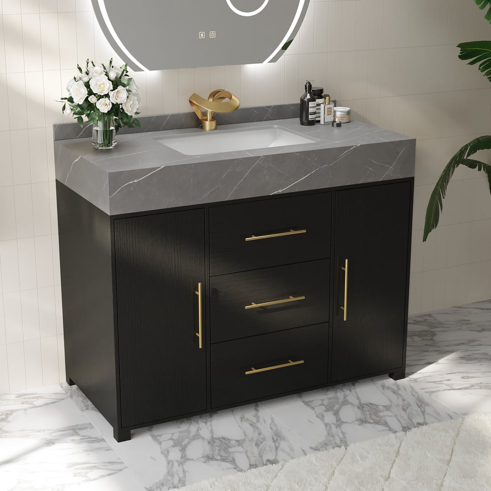 1000mm Freestanding Black Bathroom Vanity, Sintered Stone Countertop & Gold Handles window image