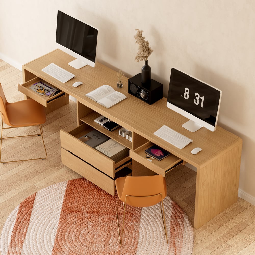 Mesa dupla para 2 pessoas Mesa de escritório retangular natural com 4 gavetas e 1 armário (2400 mm) Imagem da janela