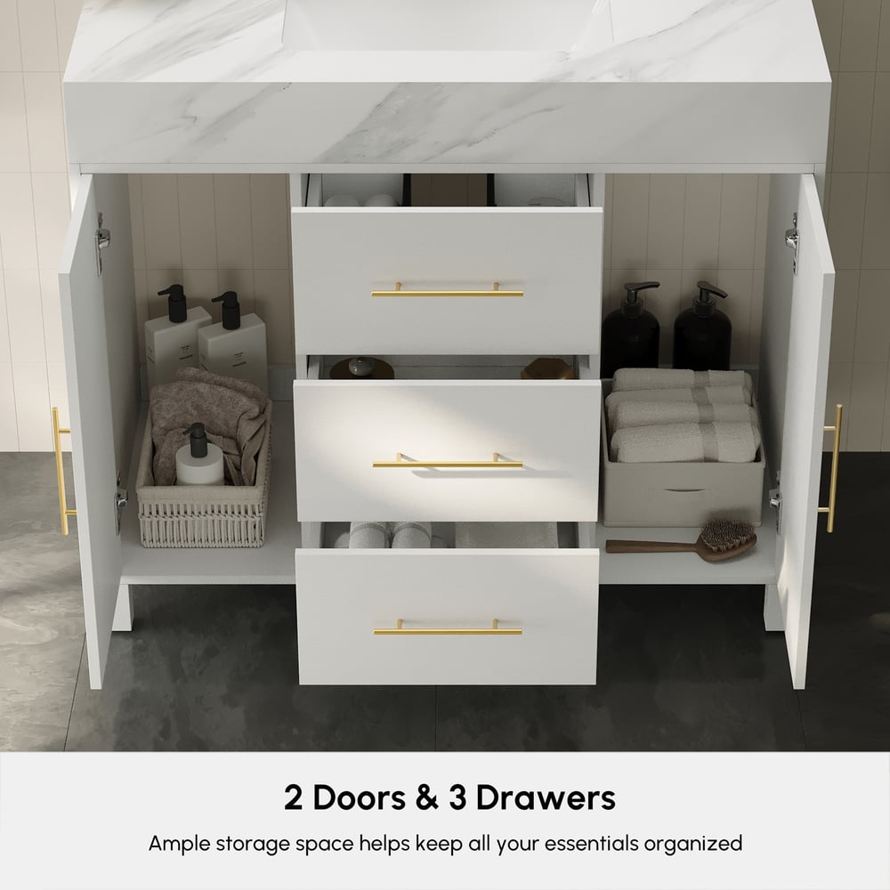 1000mm Freestanding White Bathroom Vanity, Sintered Stone Countertop & Gold Handles window image