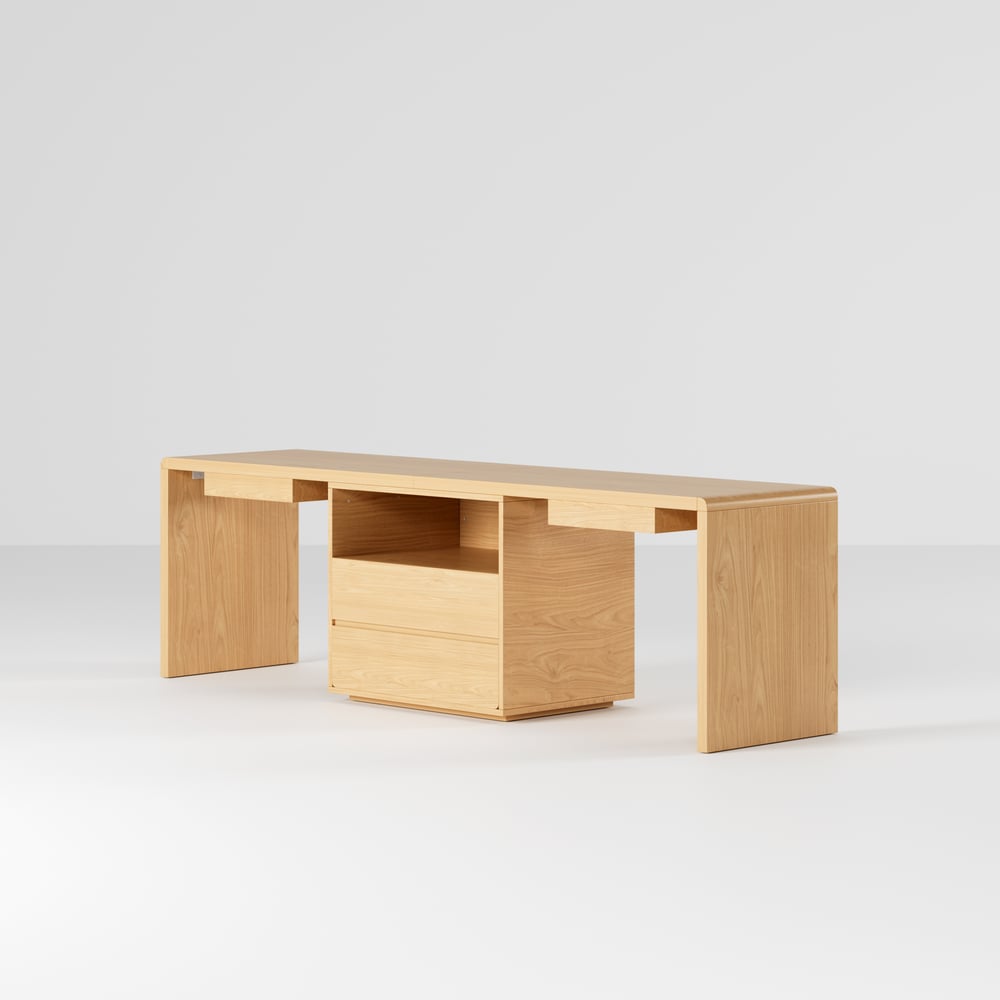 Mesa dupla para 2 pessoas Mesa de escritório retangular natural com 4 gavetas e 1 armário (2400 mm) Imagem da janela