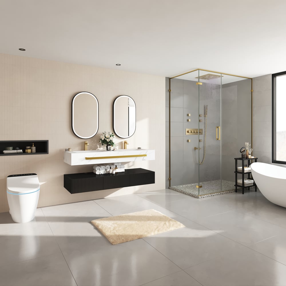 1400mm Double Sink Bathroom Vanity with Sintered Stone Countertop & Gold Towel Bar window image