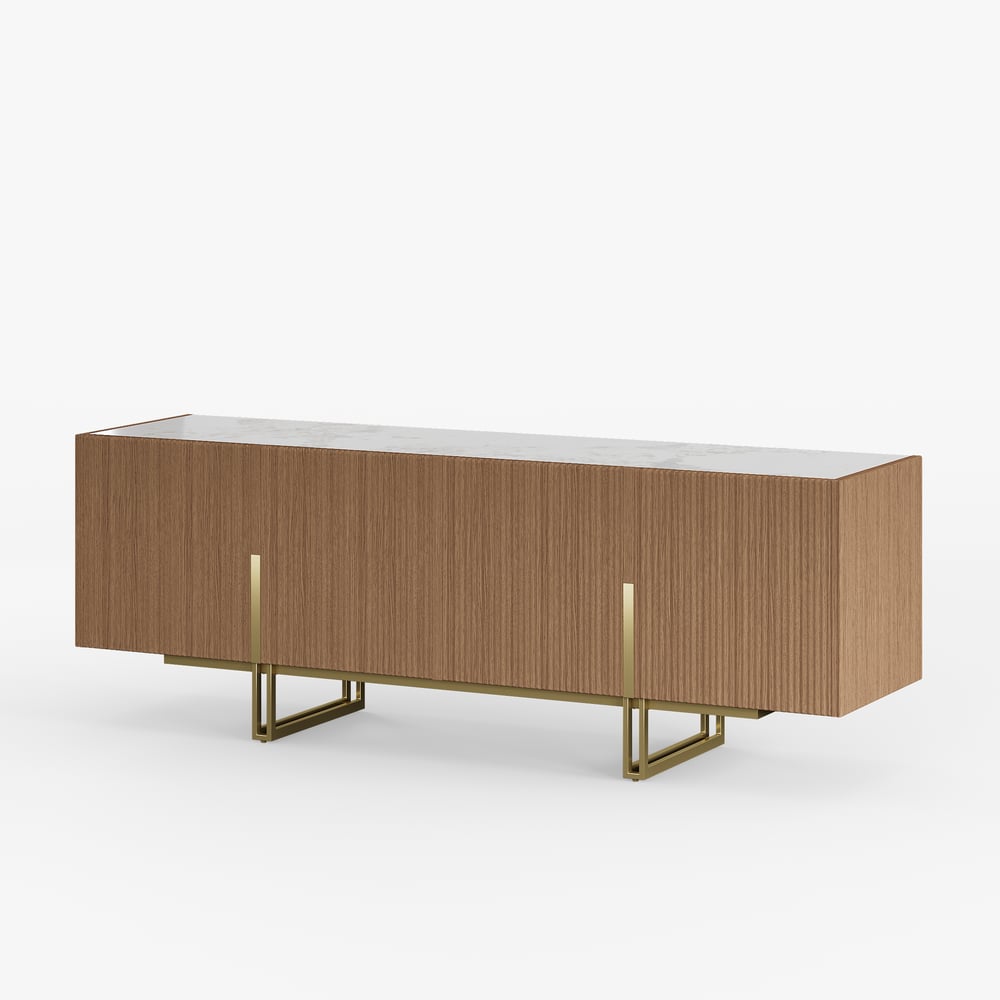 Supporto TV Grovyn con piano scanalato in pietra sinterizzata, 1500 mm, con portaoggetti Immagine della finestra