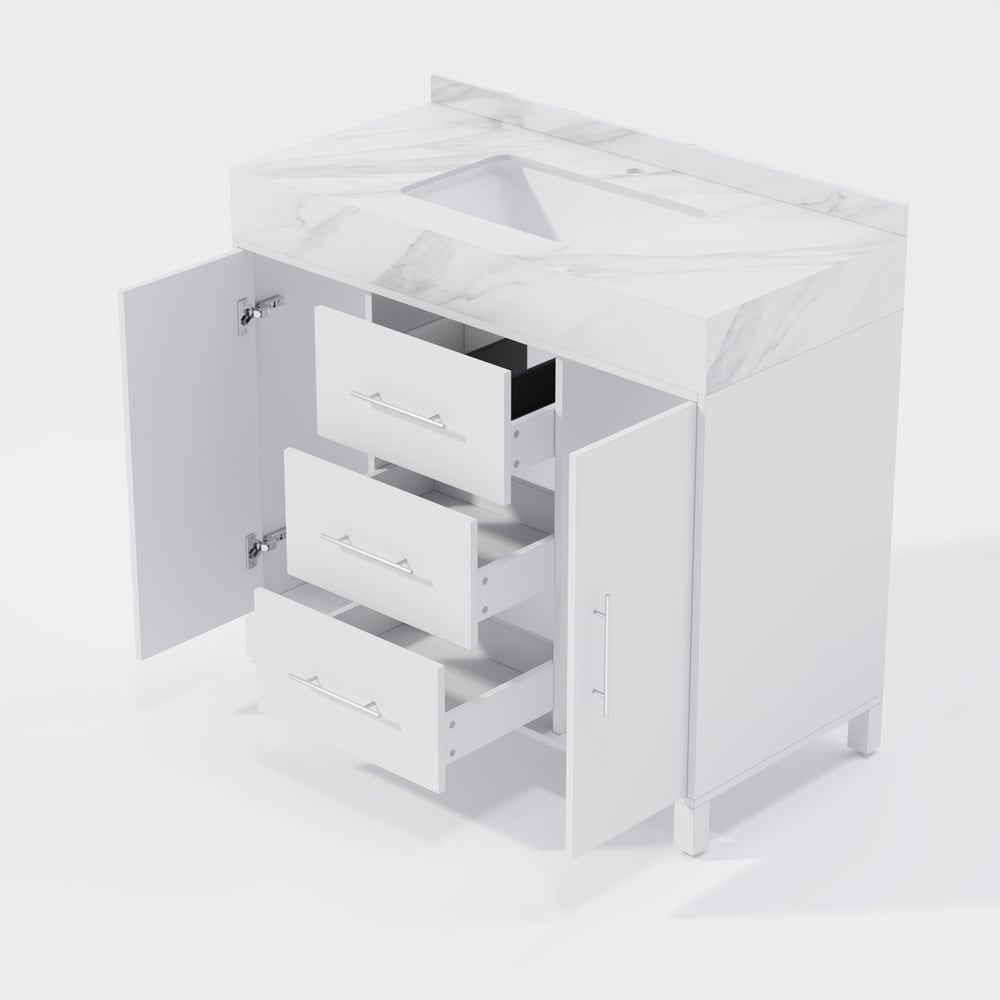 1000mm Freestanding White Bathroom Vanity, Sintered Stone Countertop & Silver Handles window image