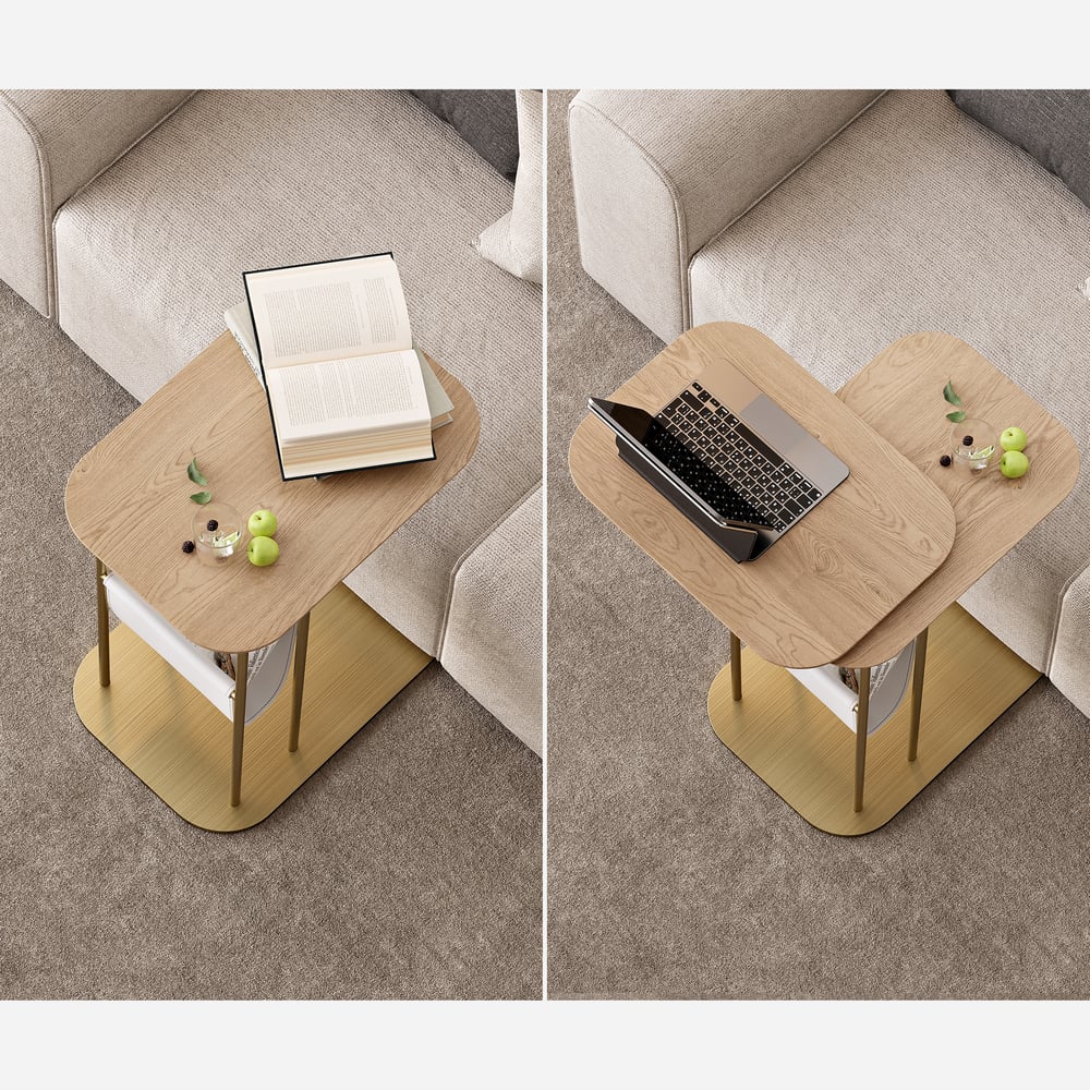 Table d'appoint rotative naturelle et dorée en forme de C avec rangement image de fenêtre