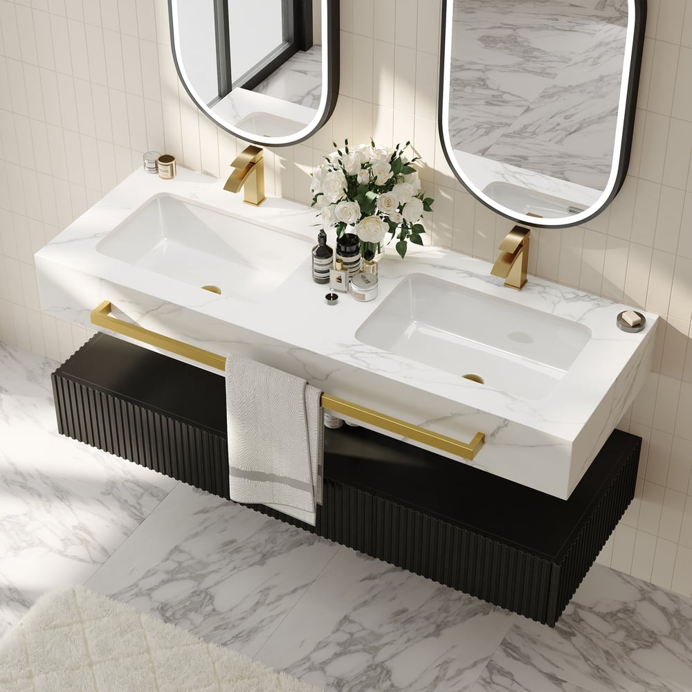 1400mm Double Sink Bathroom Vanity with Sintered Stone Countertop & Gold Towel Bar window image