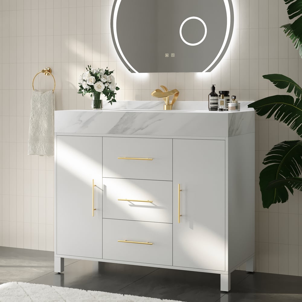 1000mm Freestanding White Bathroom Vanity, Sintered Stone Countertop & Gold Handles window image