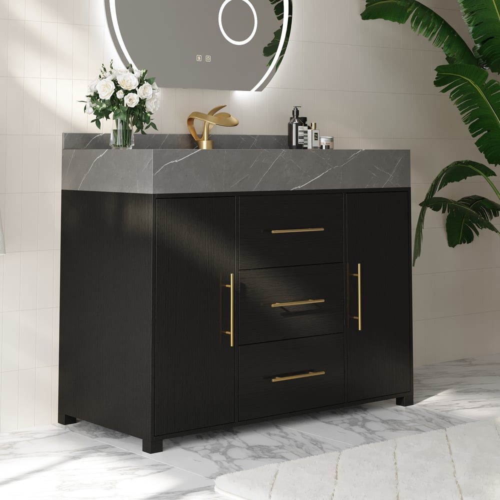 1000mm Freestanding Black Bathroom Vanity, Sintered Stone Countertop & Gold Handles window image