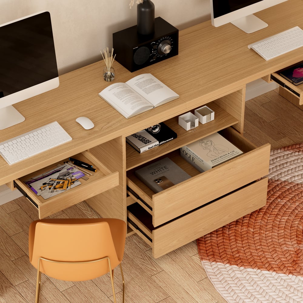 Mesa dupla para 2 pessoas Mesa de escritório retangular natural com 4 gavetas e 1 armário (2400 mm) Imagem da janela