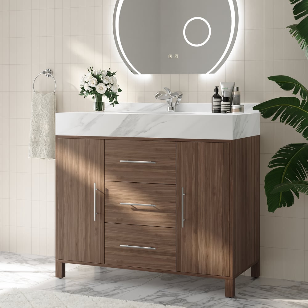 1000mm Walnut Freestanding Bathroom Vanity Sintered Stone Top & Silver Handles window image