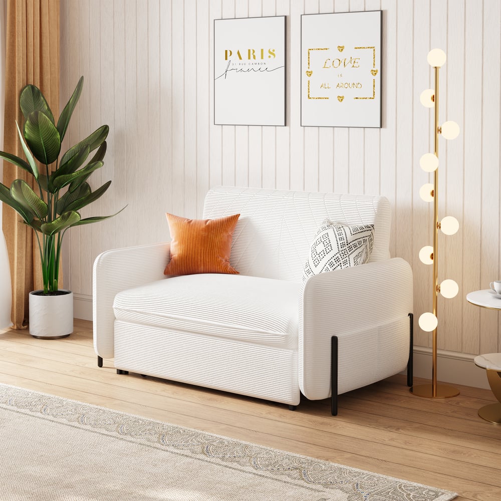 54" Full 2-Seater White Corduroy Convertible Sleeper Sofa window image