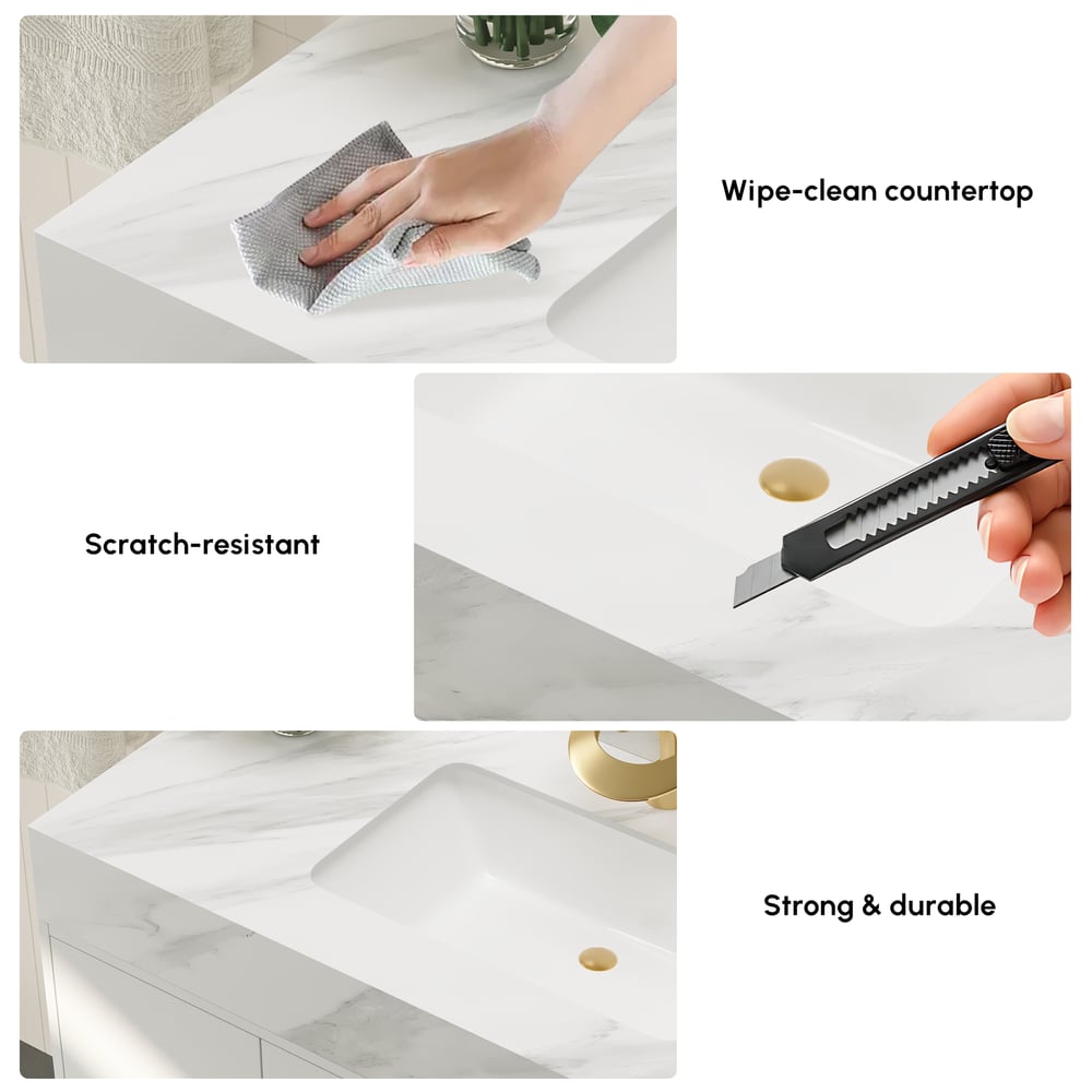 1000mm Freestanding White Bathroom Vanity, Sintered Stone Countertop & Gold Handles window image