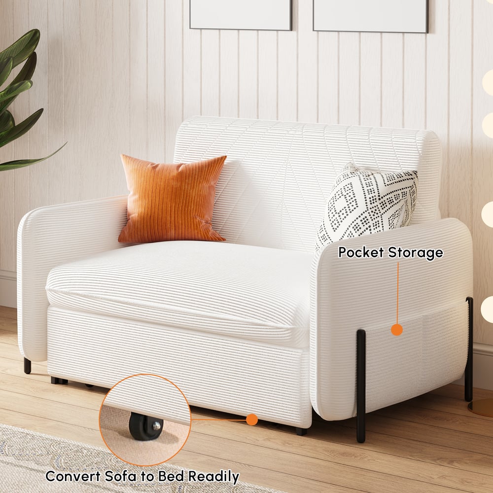 54" Full 2-Seater White Corduroy Convertible Sleeper Sofa window image