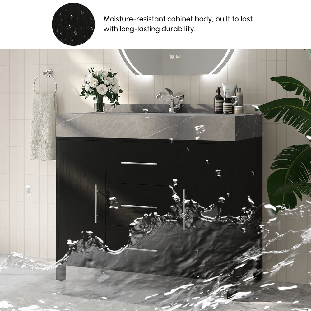 1000mm Freestanding Black Bathroom Vanity, Sintered Stone Countertop & Silver Handles window image