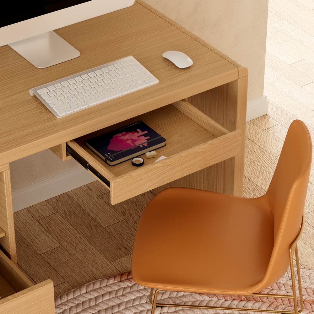 Mesa dupla para 2 pessoas Mesa de escritório retangular natural com 4 gavetas e 1 armário (2400 mm) Imagem da janela