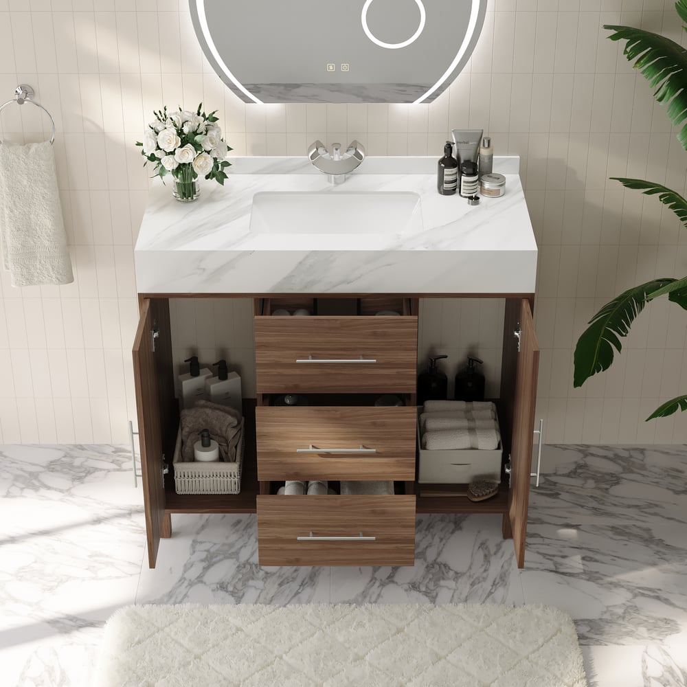 1000mm Walnut Freestanding Bathroom Vanity Sintered Stone Top & Silver Handles window image