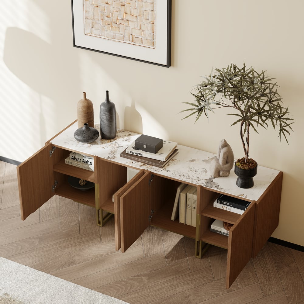 Supporto TV Grovyn con piano scanalato in pietra sinterizzata, 1500 mm, con portaoggetti Immagine della finestra