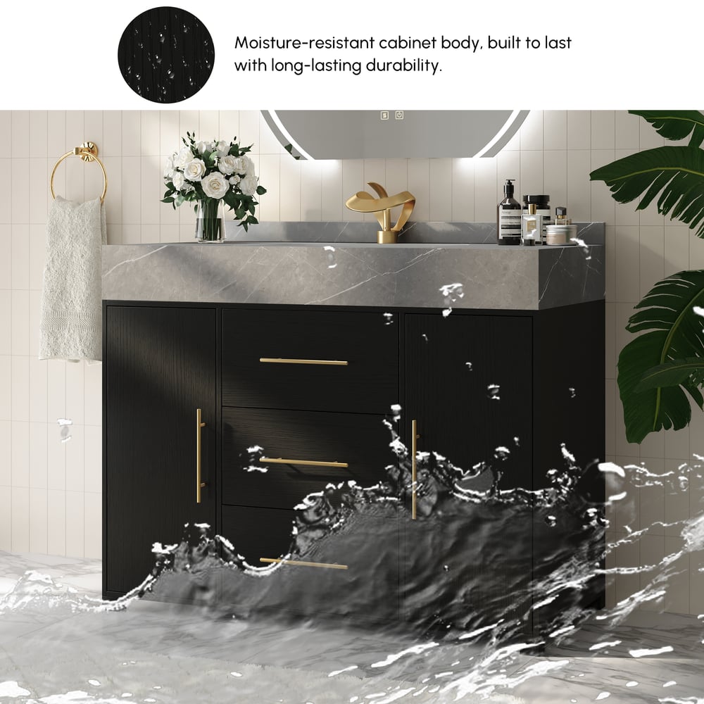 1000mm Freestanding Black Bathroom Vanity, Sintered Stone Countertop & Gold Handles window image