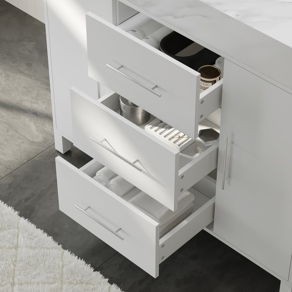 1000mm Freestanding White Bathroom Vanity, Sintered Stone Countertop & Silver Handles window image