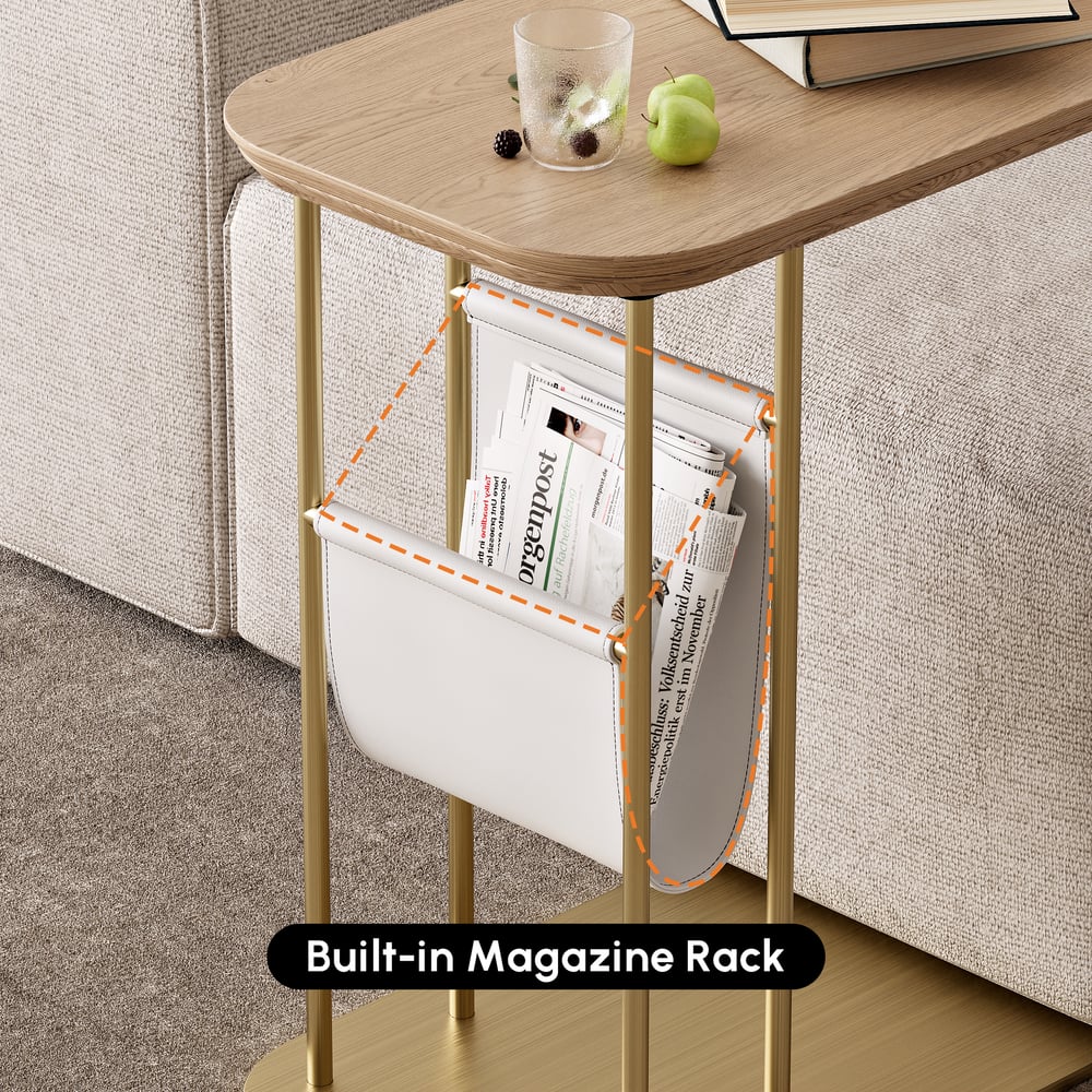 Table d'appoint rotative naturelle et dorée en forme de C avec rangement image de fenêtre