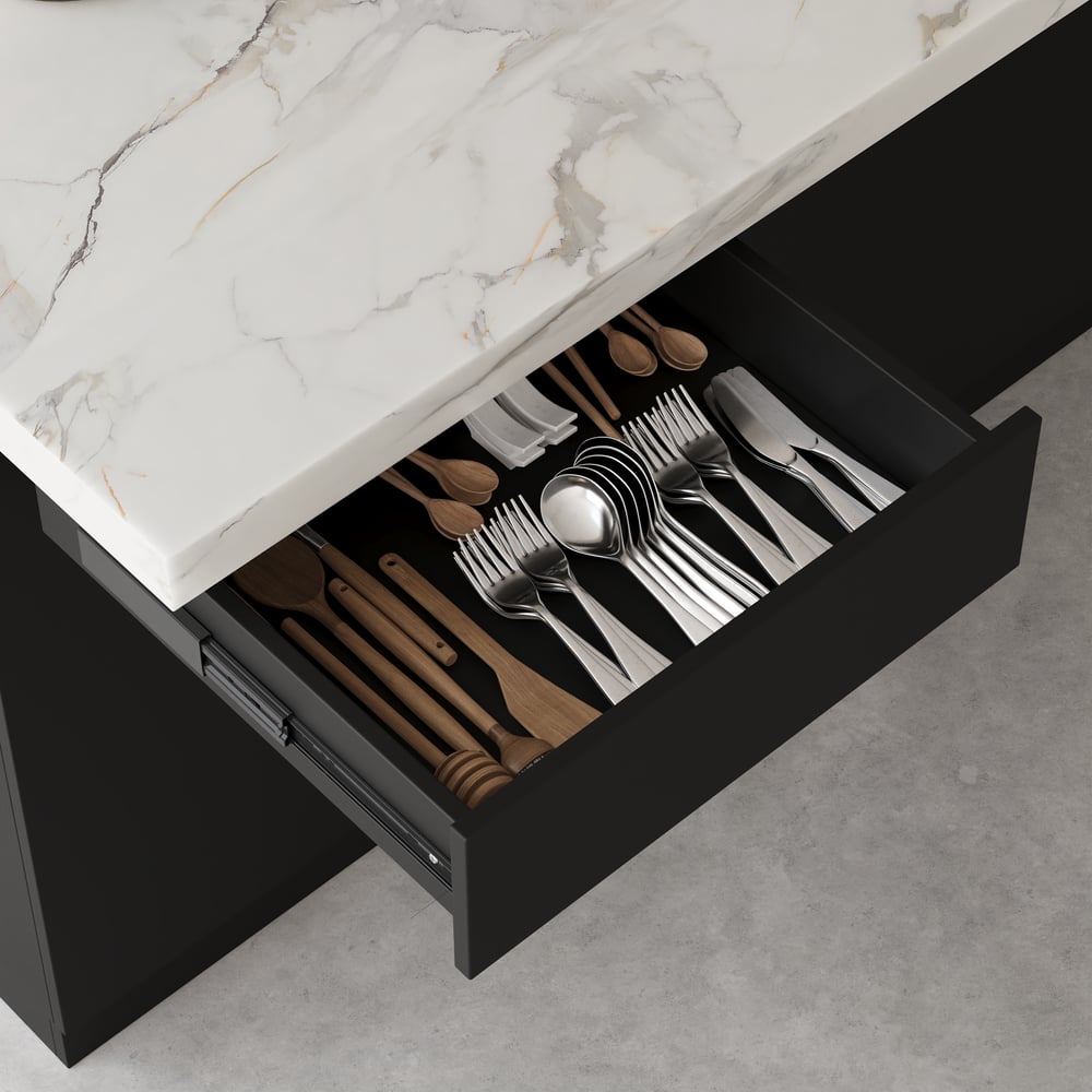 Armoire de cuisine de rangement en bois noir et blanc Japandi Kitchen Island 1270 mm avec lumière image de fenêtre