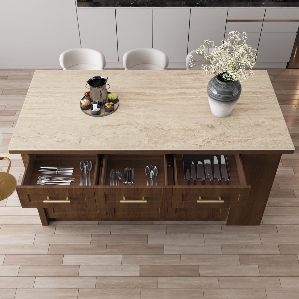 70.9" Modern Style Sintered Stone Kitchen Islands with Multi-Storage Walnut window image