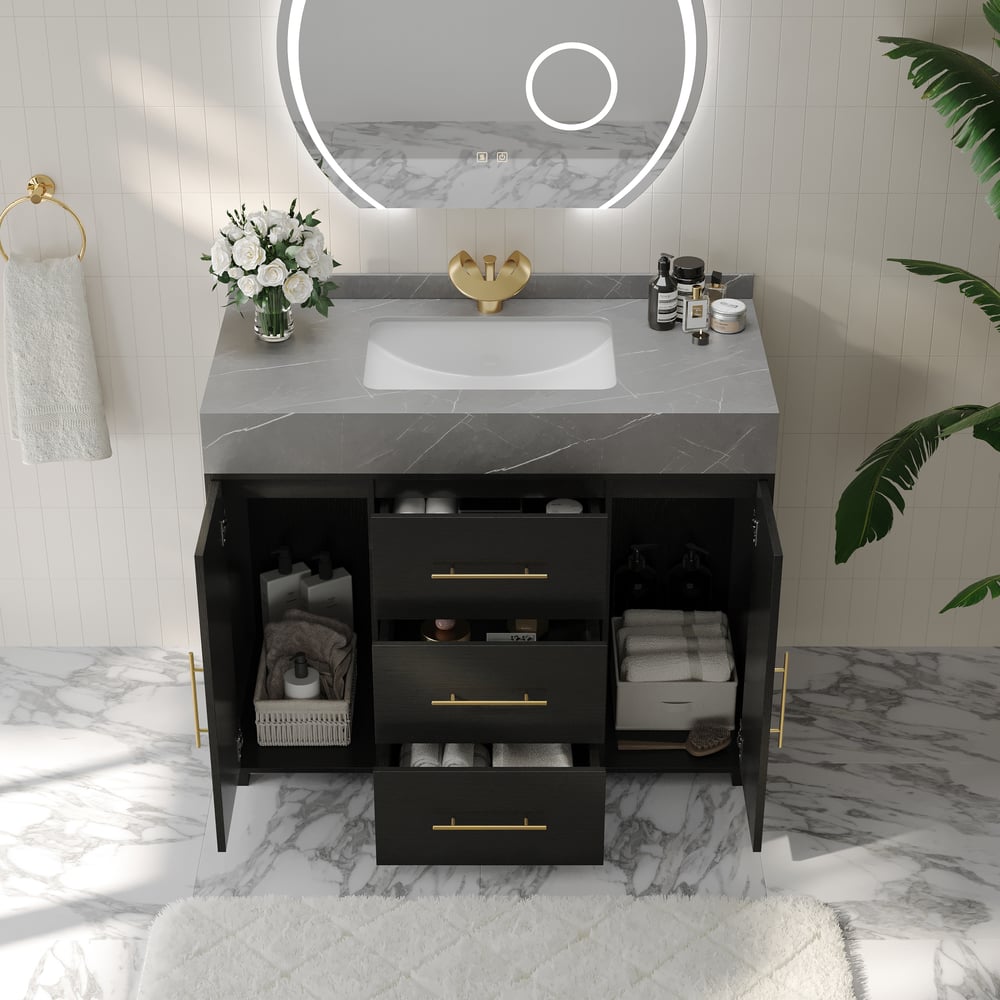 1000mm Freestanding Black Bathroom Vanity, Sintered Stone Countertop & Gold Handles window image