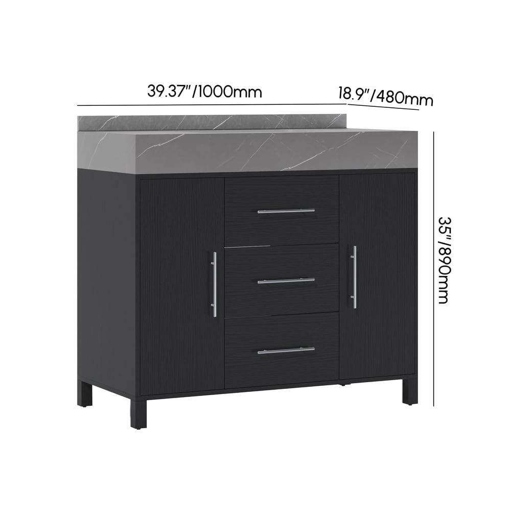 1000mm Freestanding Black Bathroom Vanity, Sintered Stone Countertop & Silver Handles weights dimensions image