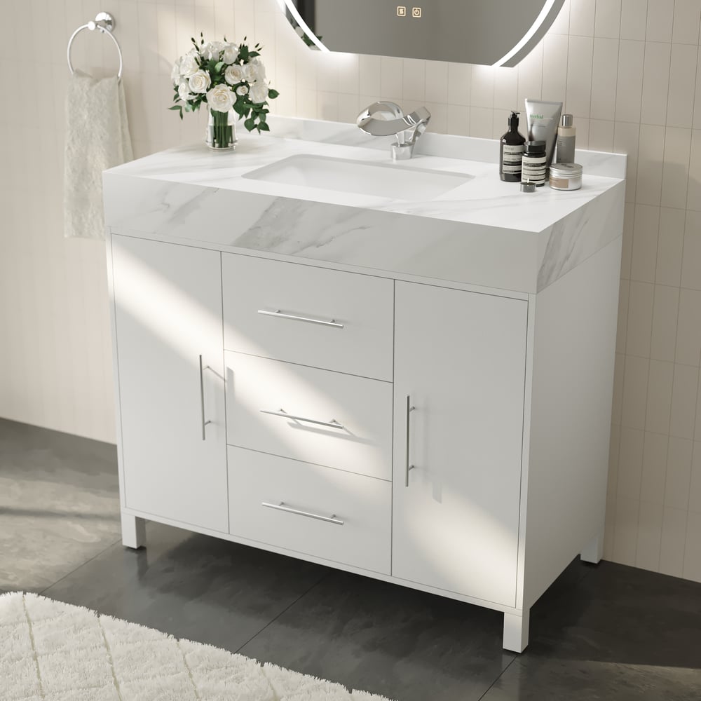 1000mm Freestanding White Bathroom Vanity, Sintered Stone Countertop & Silver Handles window image
