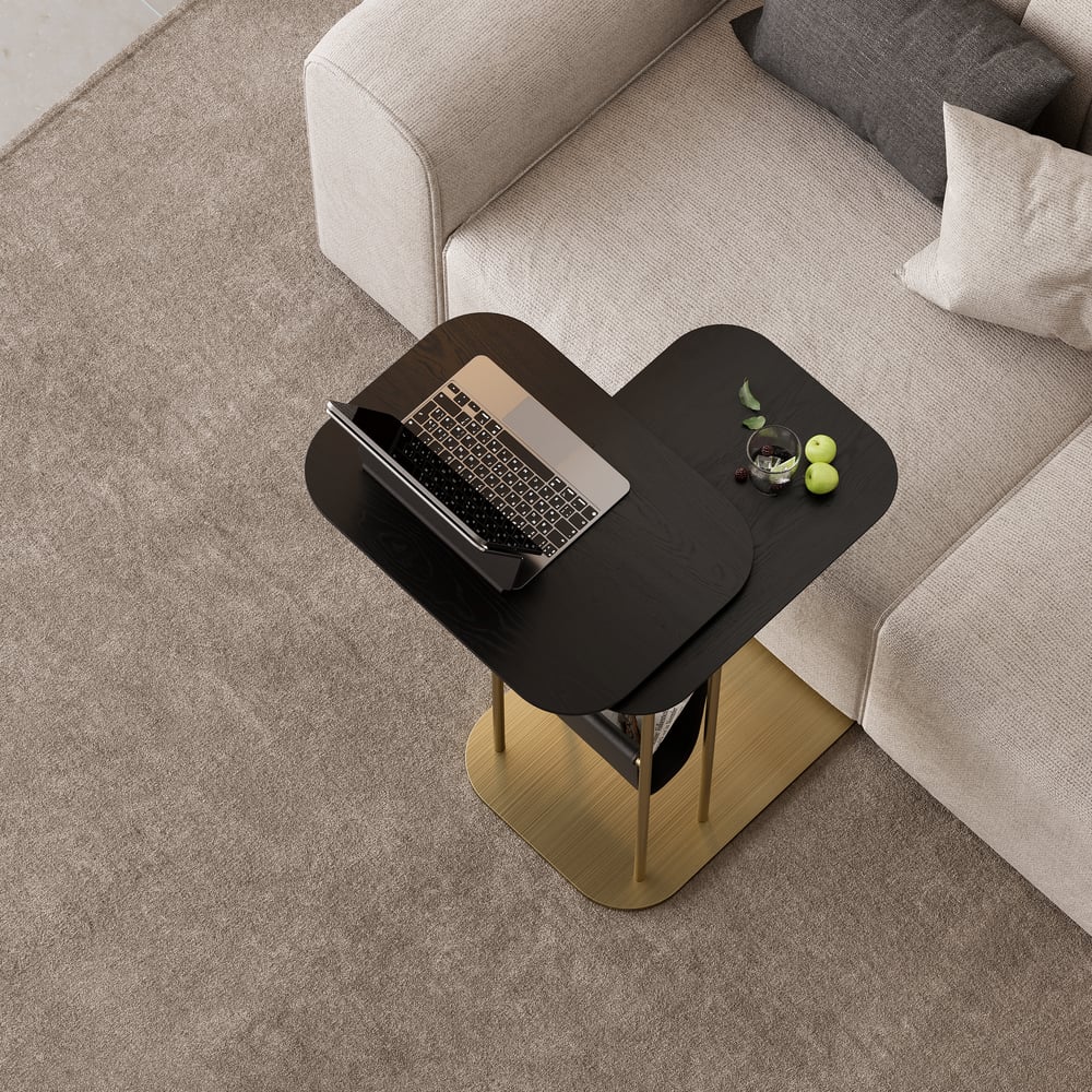 C-Shaped Black & Gold Rotating Side Table with Storage window image