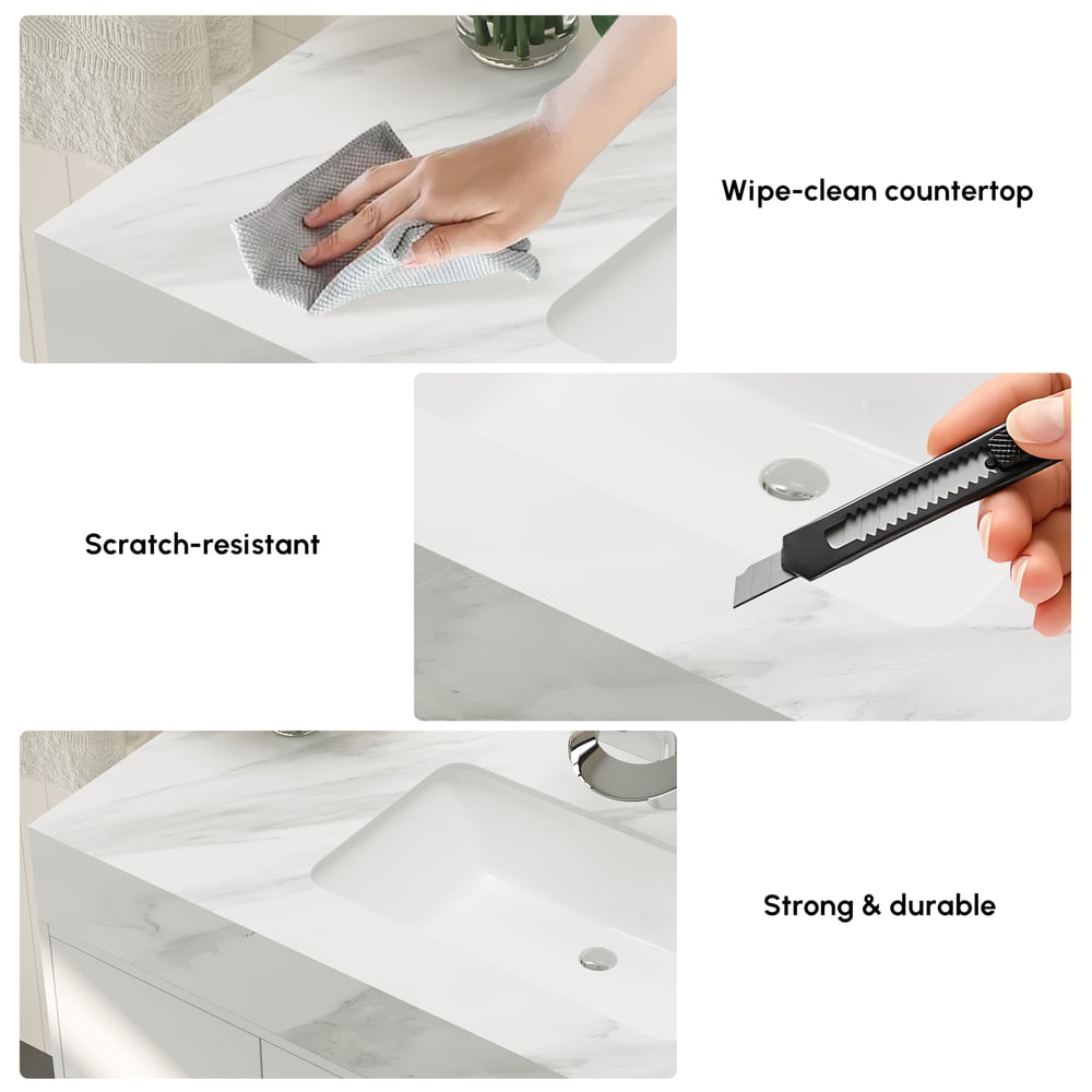 1000mm Freestanding White Bathroom Vanity, Sintered Stone Countertop & Silver Handles window image