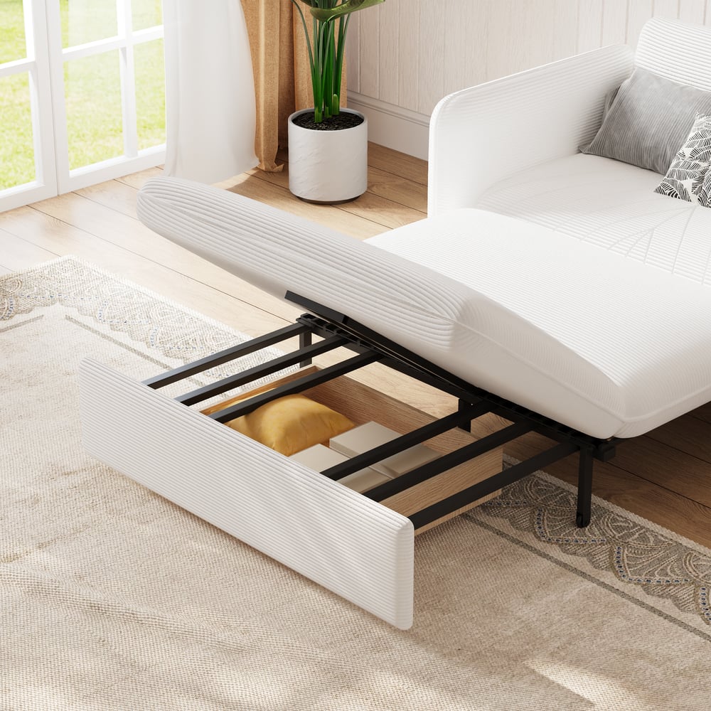 54" Full 2-Seater White Corduroy Convertible Sleeper Sofa window image