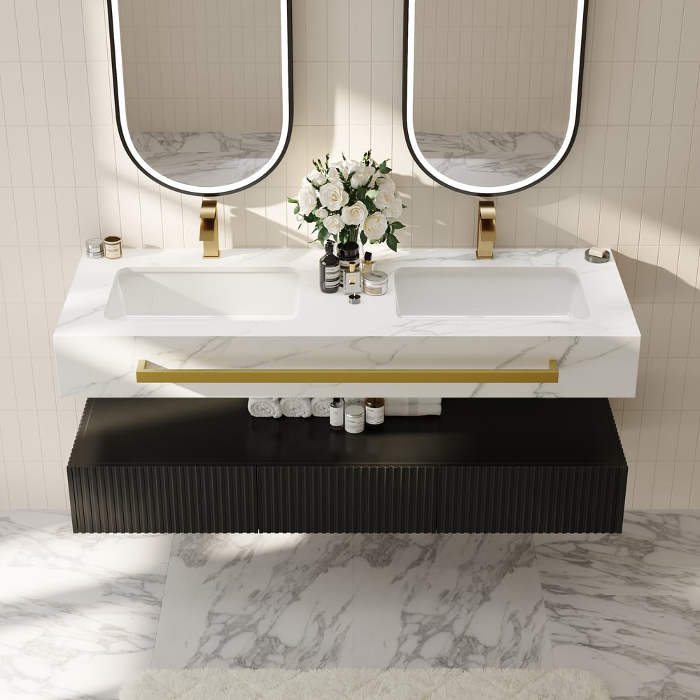 1400mm Double Sink Bathroom Vanity with Sintered Stone Countertop & Gold Towel Bar window image