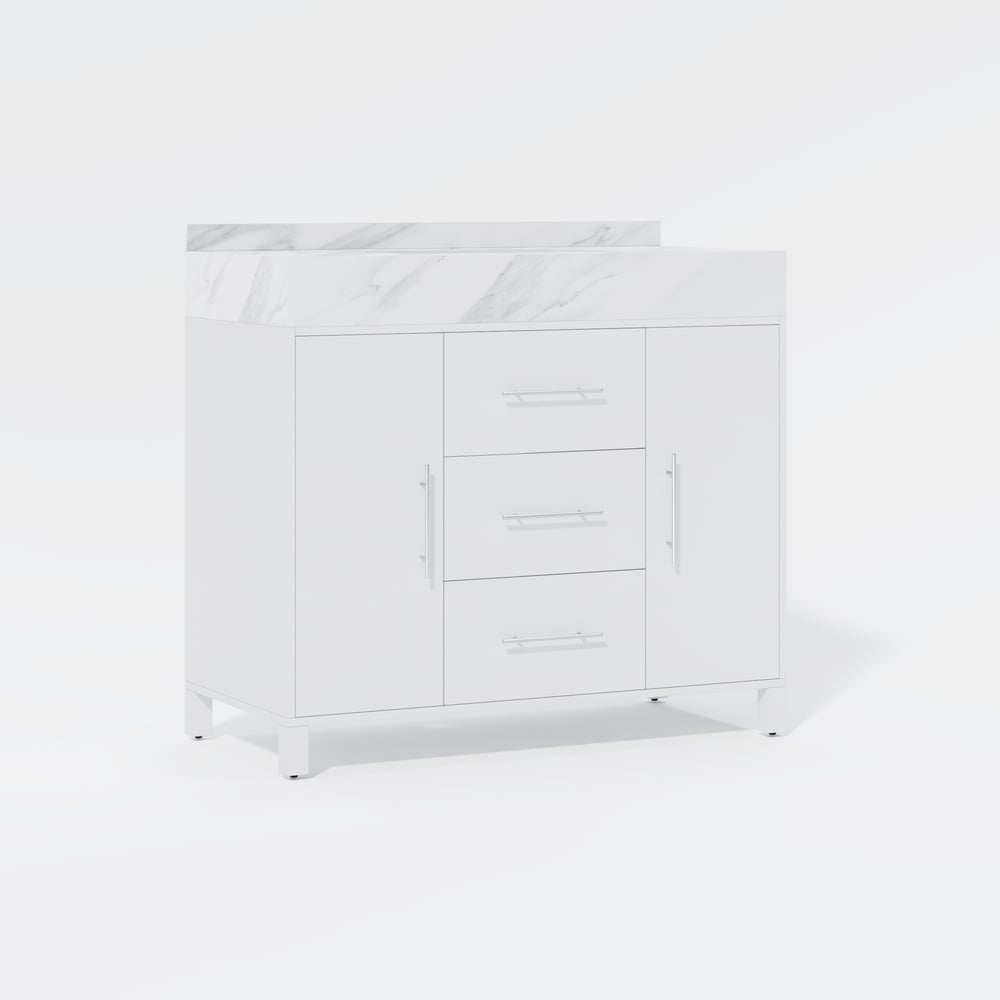 1000mm Freestanding White Bathroom Vanity, Sintered Stone Countertop & Silver Handles window image